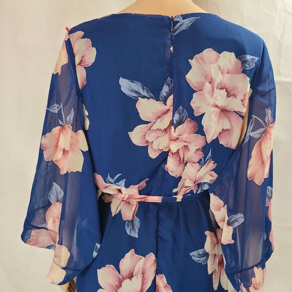 New LULUS W's (L) Joyful Noise Denim Blue & Pink Floral Print Chiffon Mini Dress - Picture 7 of 16